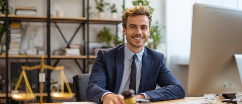 The confident lawyer at his modern workspace ready to assist clients. photo
