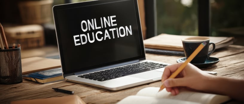 The laptop displaying online education in a cozy study environment. photo