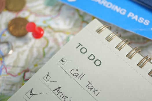Checklist for travel preparation with tickets and map photo