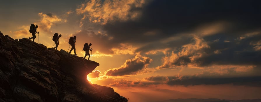 The hikers silhouette against a breathtaking sunset on a rocky peak photo