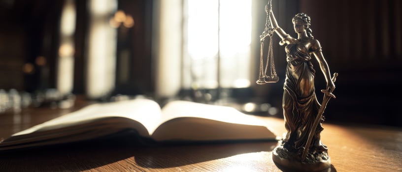 The statue of Lady Justice beside an open legal book in a quiet room. photo