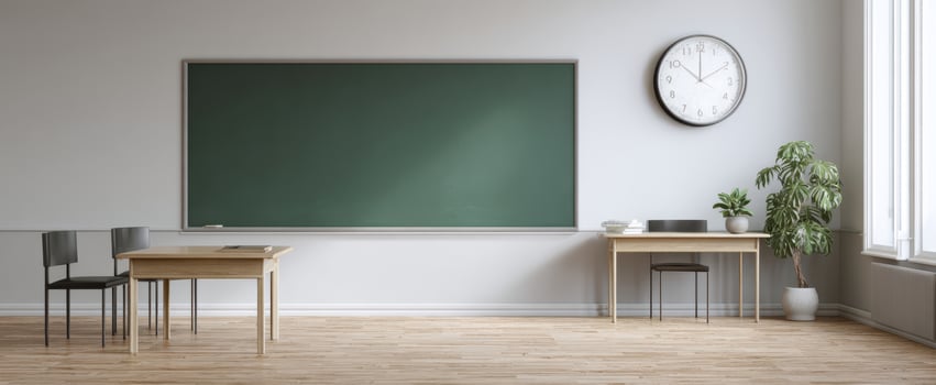 The modern classroom with a chalkboard and inviting educational environment. photo