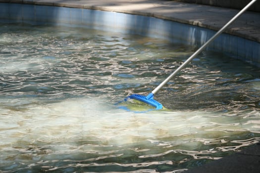 Cleaning a pool with a skimmer in sunny weather photo