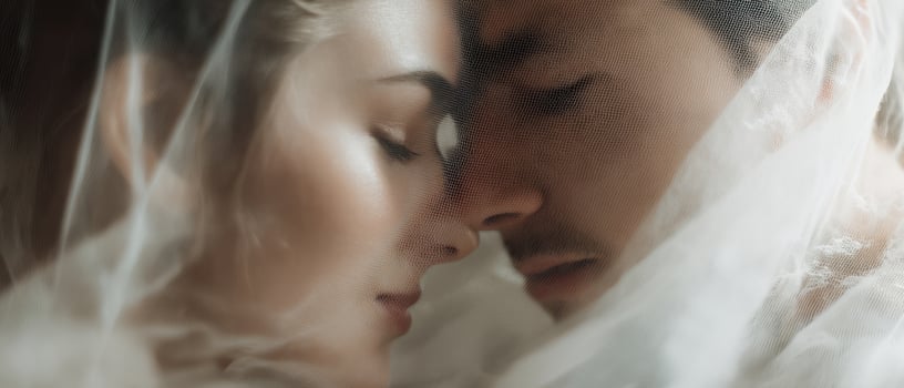 The intimate moment between a couple under a delicate veil of love. photo