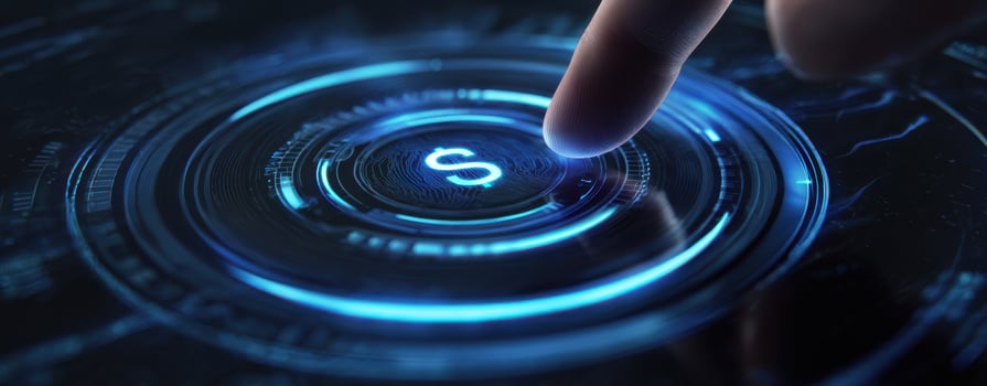 The finger interacting with a glowing digital interface in a futuristic setting. photo
