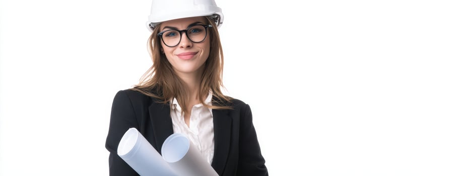 The confident architect holding blueprints in a professional setting. photo
