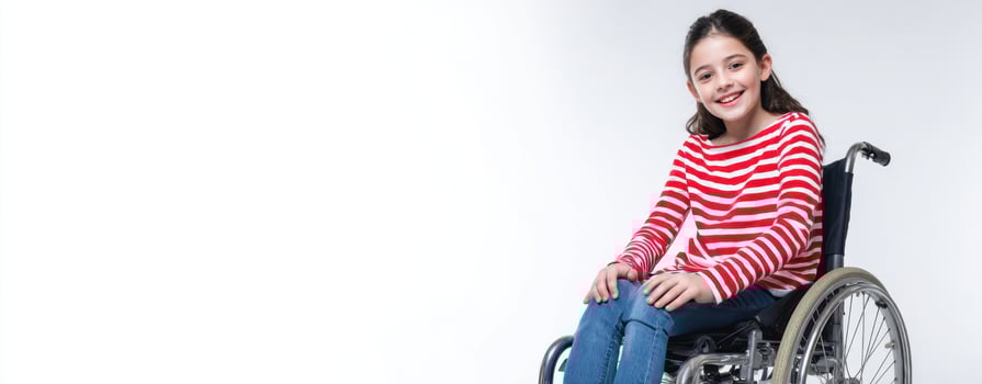 The cheerful girl in a wheelchair showcasing confidence and resilience. photo