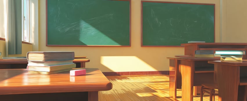 The peaceful classroom with wooden desks and green chalkboards. photo