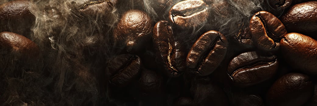 Close-up of roasted coffee beans with steam photo