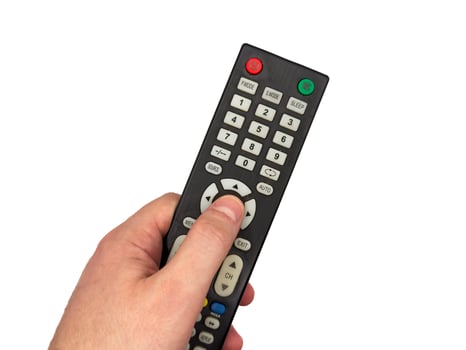 White male hand on white background presses buttons on TV remote control man switches TV channels photo