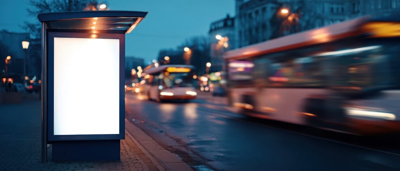 The bus stop illuminated against the bustling night traffic in the city. photo