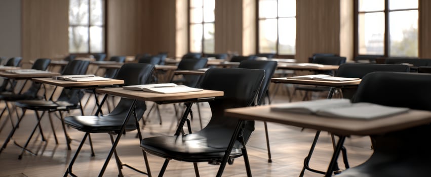 The modern classroom setup with empty desks and chairs in natural light. photo