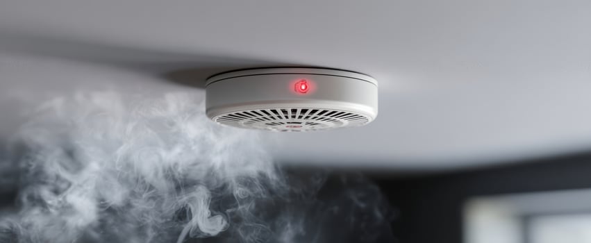 The smoke detector signaling alert in a residential setting with safety features. photo