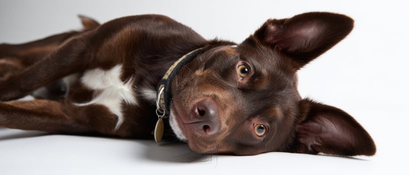 The adorable dog with expressive eyes lying on a clean background. photo