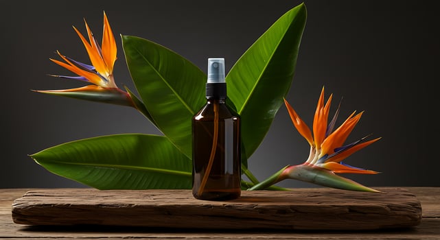 Natural Aromatherapy Spray Bottle with Tropical Leaves and Bird of Paradise Flowers photo