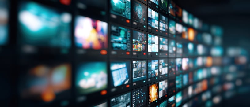 The vibrant display of multiple screens in a modern media environment. photo