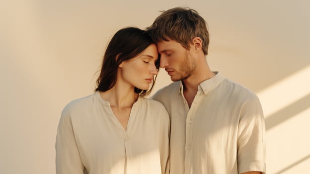 Romantic couple in matching beige linen shirts sharing intimate moment with foreheads touching. Soft natural sunlight creates warm shadows on neutral background. photo