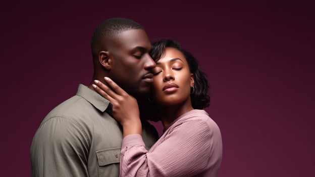Elegant African American couple in intimate embrace against burgundy background. Woman in pink dress touching man's face creating perfect Valentine's Day romantic portrait. photo