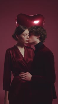 Romantic young couple sharing intimate moment with heart balloon for Valentine's Day. Beautiful woman and handsome man in burgundy outfits against moody pink background. photo