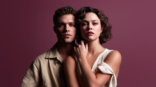 Beautiful young couple in romantic embrace against burgundy background. Intimate portrait of man and woman showing love and connection in elegant studio setting. photo