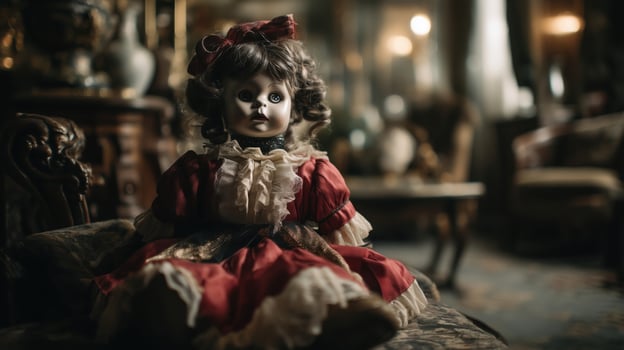 Antique doll displayed in vintage interior. photo