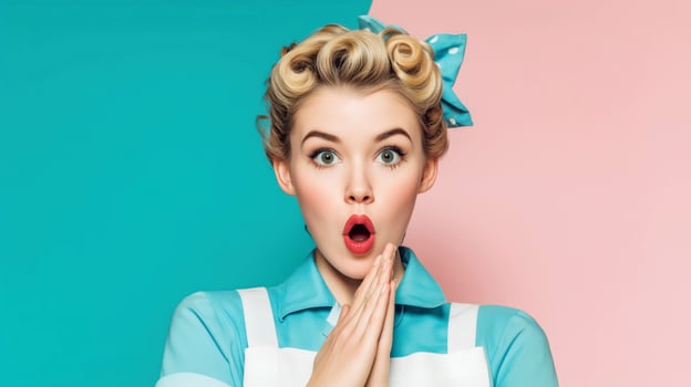 Surprised woman in vintage outfit and vibrant colors. photo