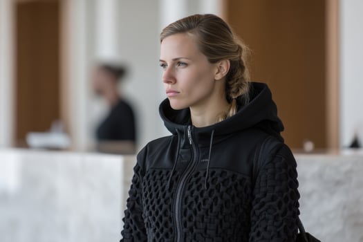 A woman in a black jacket standing in a lobby photo