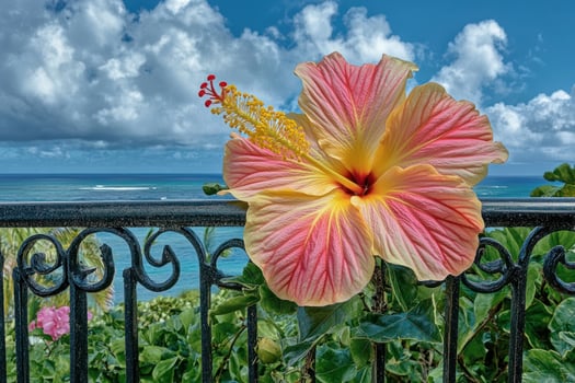 Vibrant hibiscus flower on a balcony overlooking the ocean photo