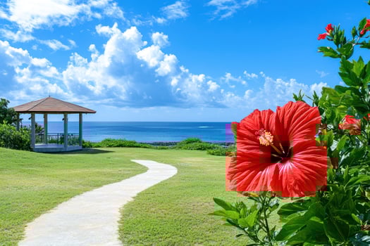 Coastal gazebo with vibrant hibiscus flower photo