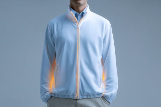 A man in a white jacket with orange zippers photo