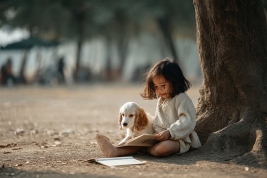 A little girl reading a book with her dog photo