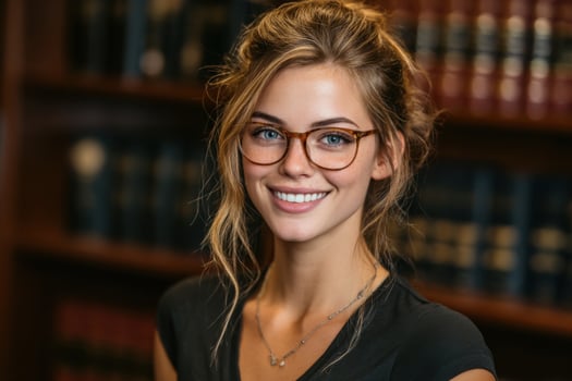 A beautiful young woman with glasses in front of a bookshelf photo