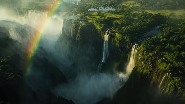 Majestic waterfalls cascading over dramatic cliffs, a vibrant rainbow arches across the misty spray photo