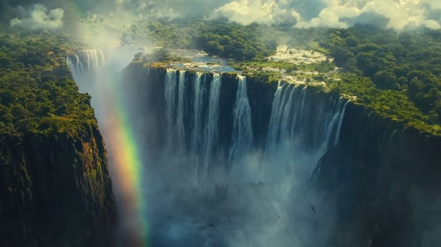 Dramatic aerial view of Victoria Falls with rainbow photo