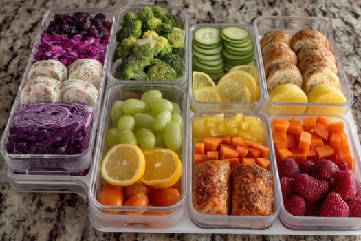 A tray of food with different types of fruits and vegetables photo
