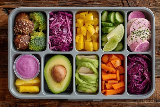 A tray of vegetables and fruits in a plastic container photo