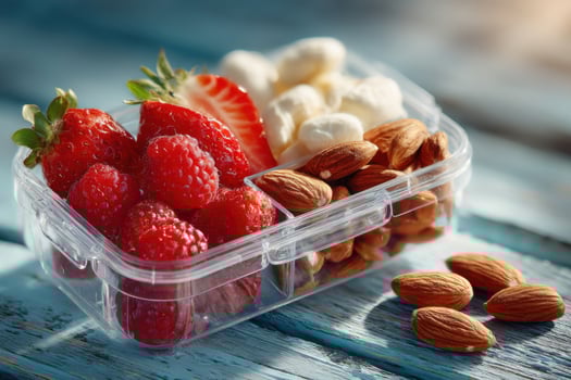 A plastic container filled with strawberries, almonds and raspberries photo