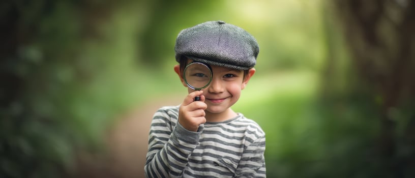 The cheerful boy with a magnifying glass exploring nature in a forest setting. photo