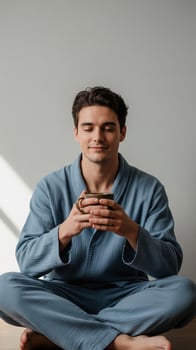 A Moment of Serenity Man in Blue Robe Savoring a Warm Drink in Morning Light photo