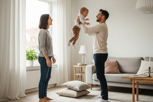 Joyful Family Moment Parent Lifting Baby in Light-Filled Home photo