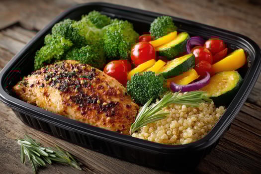 A black container with chicken, vegetables and rice photo