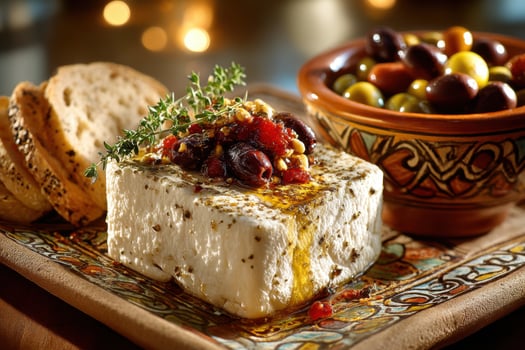 A plate with a cheese and olives on it photo