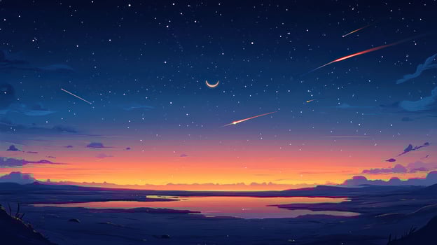 A serene, stylized sunset over a placid lake under a starry night sky photo