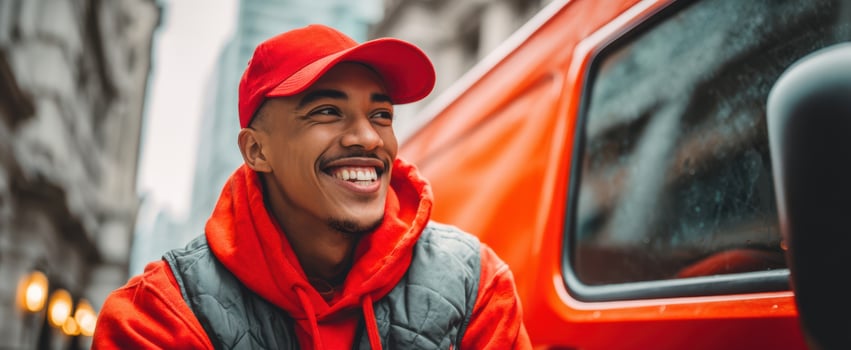 The smiling man wearing a red cap and hoodie in an urban setting. photo