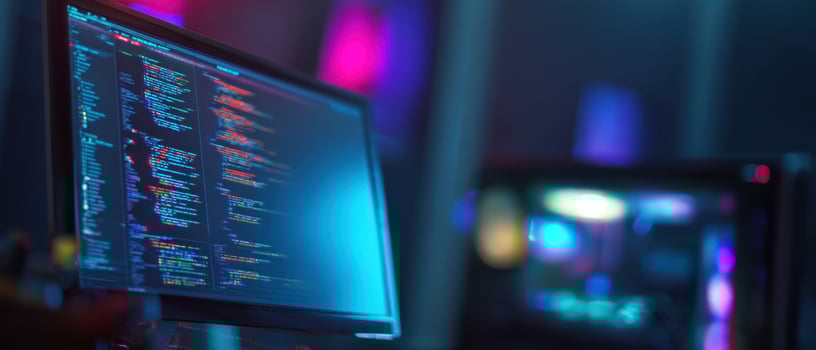 The glowing computer monitor displaying colorful code in a modern workspace. photo