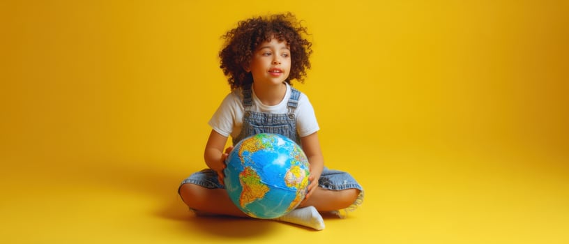 The child sitting with a globe against a vibrant yellow backdrop. photo