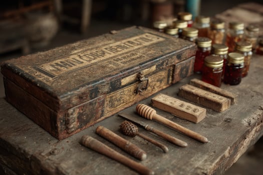 A wooden box with a wooden handle and a jar of honey photo