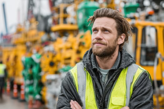 A man in a yellow vest standing in front of a construction site photo