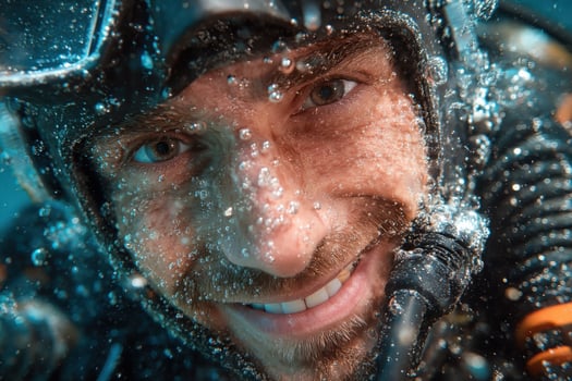 A man in a scuba suit smiling underwater photo