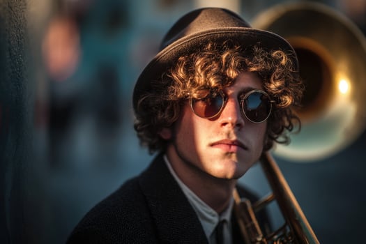 A man with curly hair and sunglasses holding a trombone photo